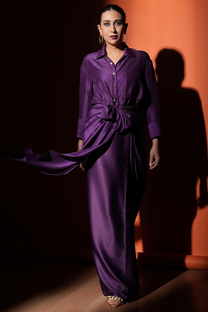 Purple Silk Printed Draped Shirt by 431-88 By Shweta Kapur at Pernia's Pop Up Shop