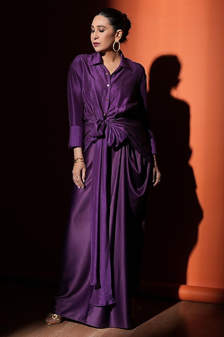 Deep Violet Satin Bead Work Asymmetric Pants by 431-88 By Shweta Kapur at Pernia's Pop Up Shop