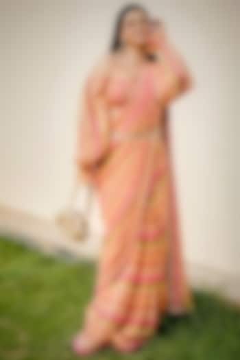 Multi-Colored Georgette Stripe Printed Pre-Draped Wedding Saree Set by Paulmi & Harsh at Pernia's Pop Up Shop