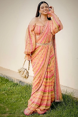 Multi-Colored Georgette Stripe Printed Pre-Draped Saree Set by Paulmi & Harsh