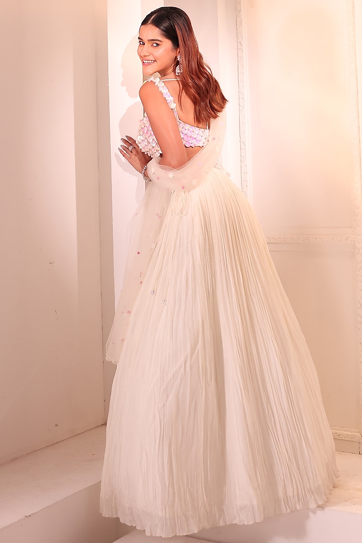 Ivory Georgette Ruched Wedding Lehenga Set by Anshika Tak Label at Pernia's Pop Up Shop