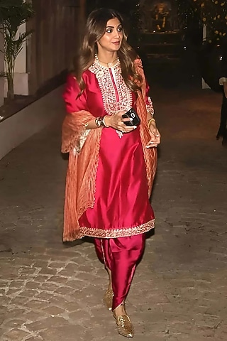 Hot Pink Bamberg Satin Dhoti Set by Sheetal Batra
