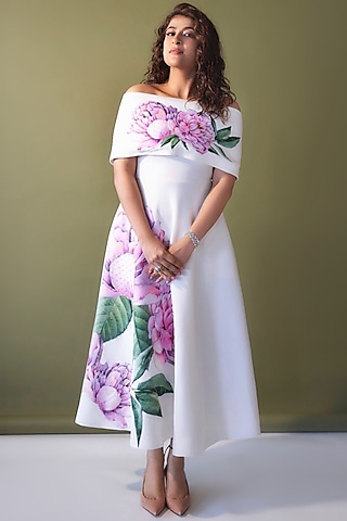 White Neoprene Floral Embroidered Dress With Wrap by OZEQO