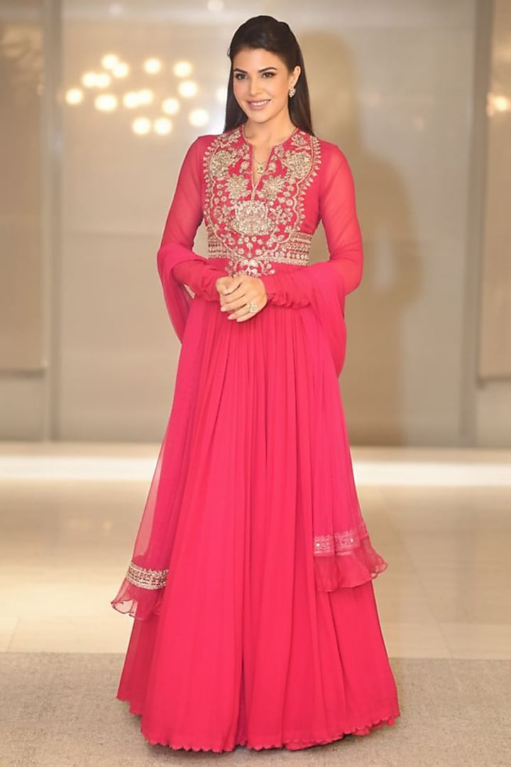 Fuchsia Georgette Embroidered Bridal Anarkali Set by Ridhi Mehra at Pernia's Pop Up Shop