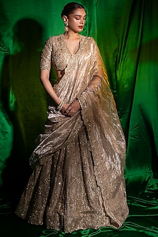 Gold Tissue Hand Embroidered Lehenga Set by Ridhi Mehra