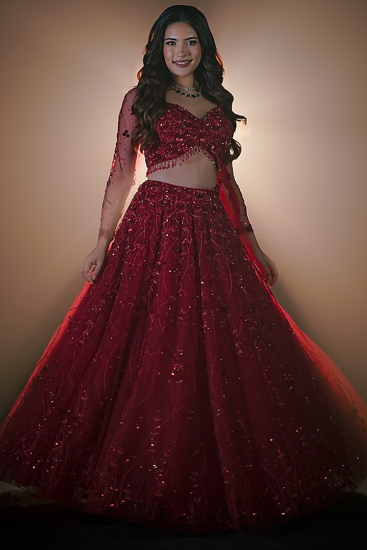 Red Tulle Crystal Embellished Wedding Lehenga Set by FATIZ at Pernia's Pop Up Shop