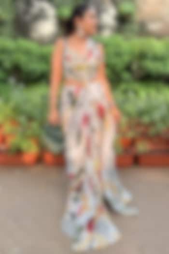 Ivory Crepe Coral Veil Printed Dhoti Skirt Wedding Saree Set by DiyaRajvvir at Pernia's Pop Up Shop