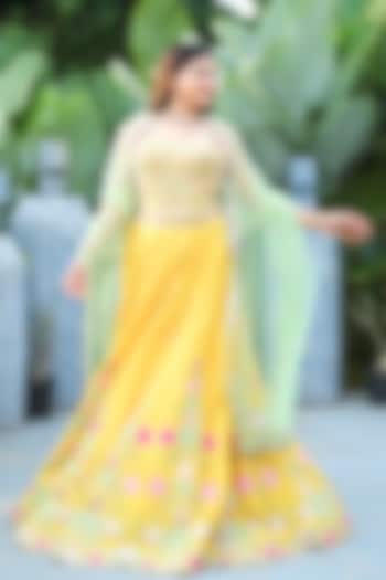 Yellow Dupion Silk Embroidered Wedding Lehenga Set by Chamee and Palak at Pernia's Pop Up Shop