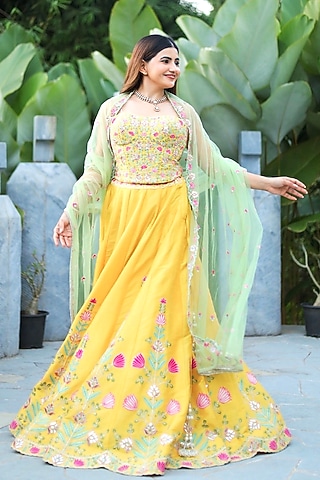 Yellow Dupion Silk Embroidered Lehenga Set by Chamee and Palak