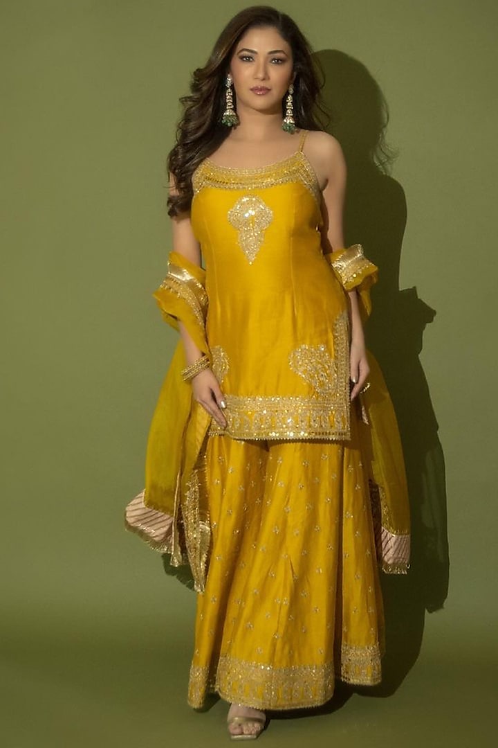 Mustard Pure Silk Chanderi Embroidered Wedding Sharara Set by Sheetal Batra at Pernia's Pop Up Shop
