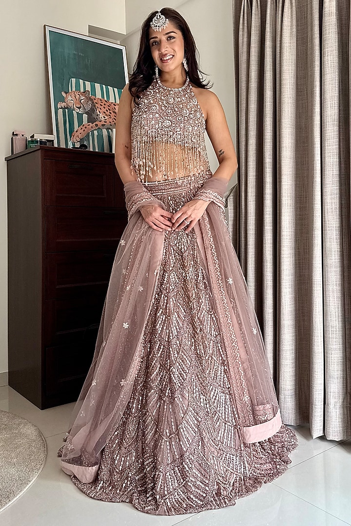 Blush Pink Tulle Embellished Bridal Lehenga Set by DiyaRajvvir at Pernia's Pop Up Shop