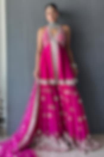 Pink Georgette Mirror Embroidered Scalloped Wedding Sharara Set by GOPI VAID at Pernia's Pop Up Shop