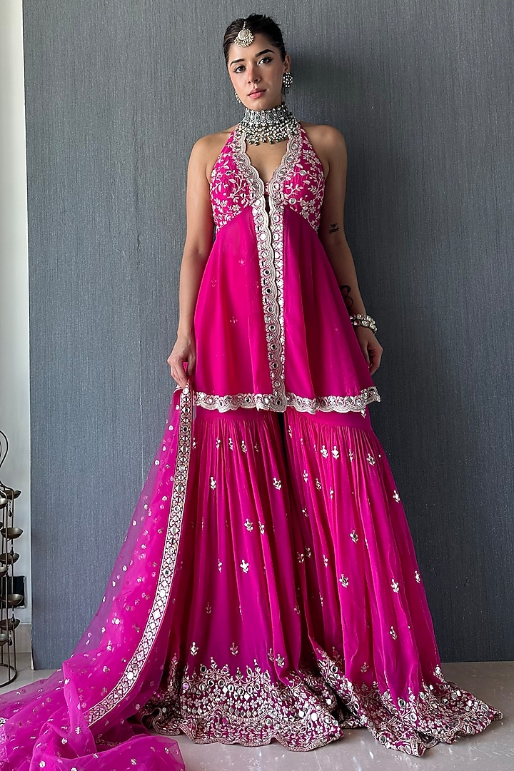 Pink Georgette Mirror Embroidered Scalloped Wedding Sharara Set by GOPI VAID at Pernia's Pop Up Shop