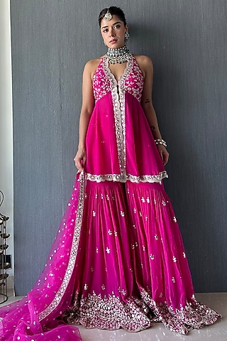 Pink Georgette Mirror Embroidered Scalloped Sharara Set by GOPI VAID