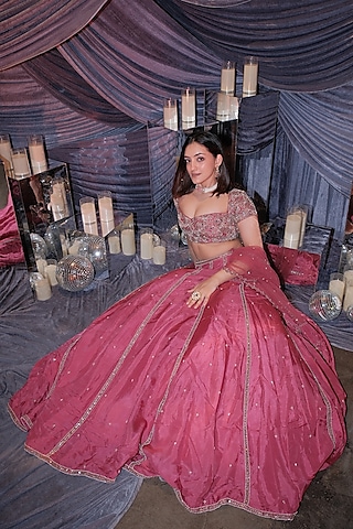 Rose Pink Upada Silk & Organza Sequins Embroidered Lehenga Set by EnamourByRadha