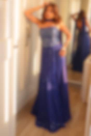 Deep Blue Georgette & Raw Silk Sequins Embroidered Gusset Skirt Set by Chamee and Palak at Pernia's Pop Up Shop