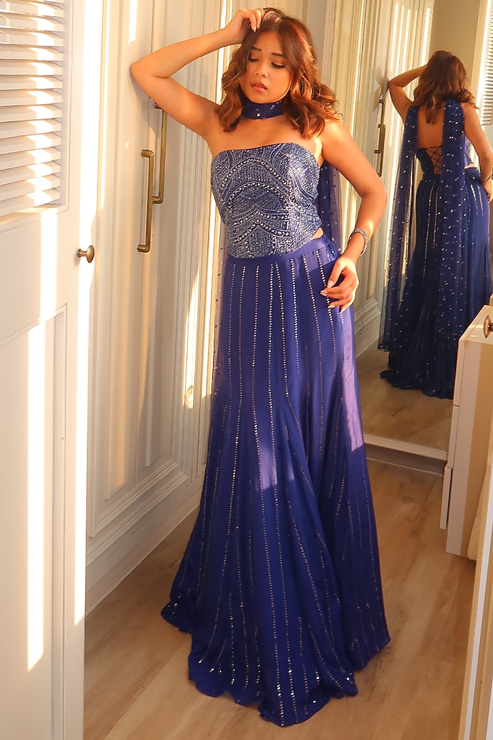 Deep Blue Georgette & Raw Silk Sequins Embroidered Gusset Skirt Set by Chamee and Palak at Pernia's Pop Up Shop