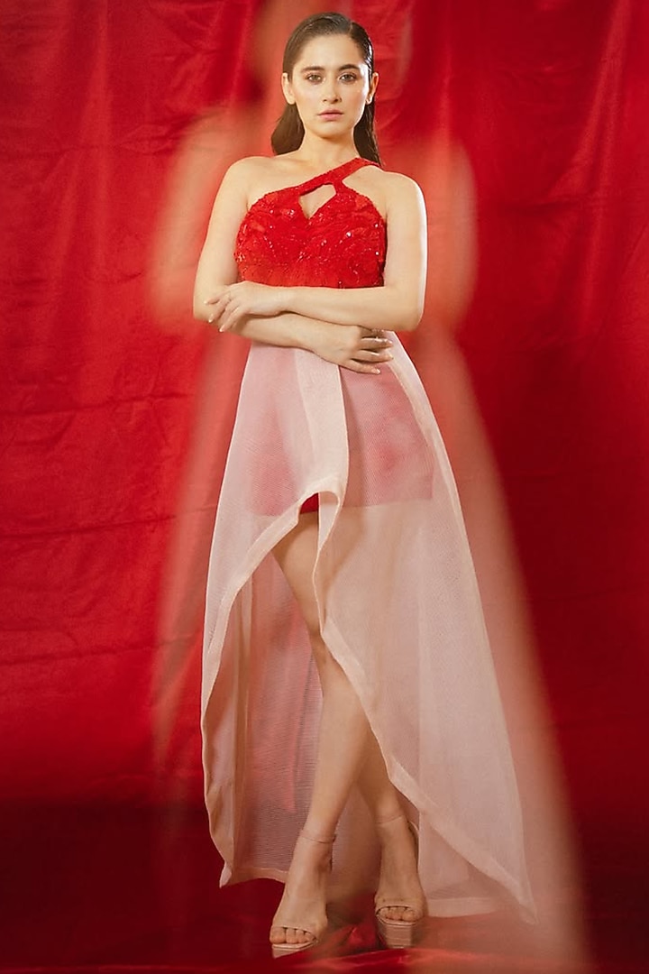 Red Embroidered Pleated Skirt Set by Babita Malkani at Pernia's Pop Up Shop