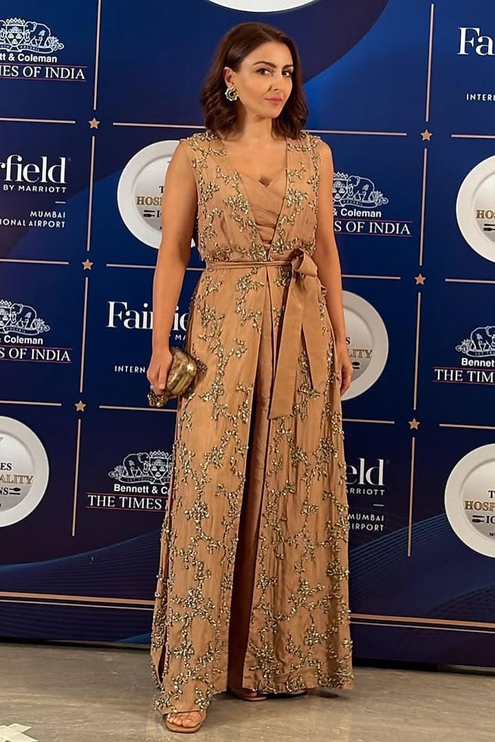 Golden Pure Organza Sequins Embroidered Jacket Set by Babita Malkani at Pernia's Pop Up Shop