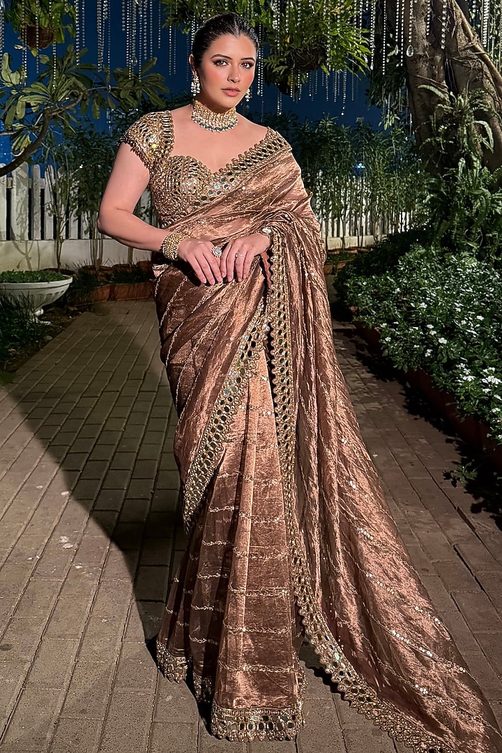 Copper Banarasi Shimmer Organza Reception Saree Set by Vvani by Vani Vats at Pernia's Pop Up Shop