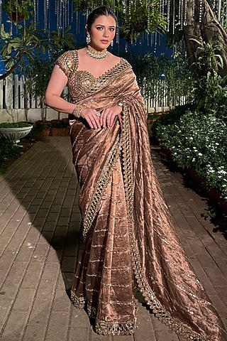 Copper Banarasi Shimmer Organza Saree Set by Vvani by Vani Vats