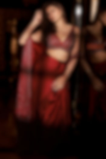 Maroon Satin & Raw Silk Geometric Embroidered Jacket Set by Chamee and Palak at Pernia's Pop Up Shop