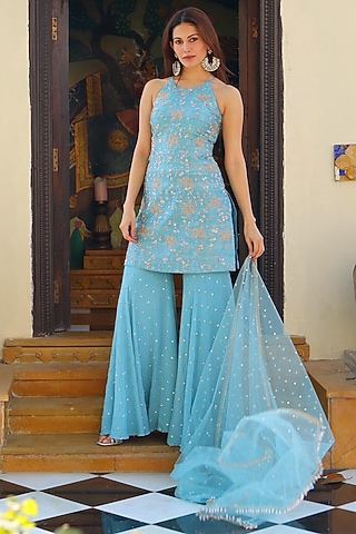 Blue Raw Silk Sharara Set by Chamee and Palak