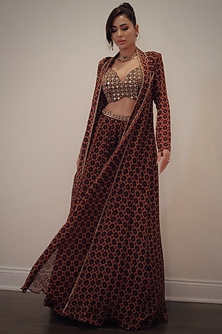 Black Viscose Chinon Digital Printed & Zari Embroidered Jacket Set by Neha khullar