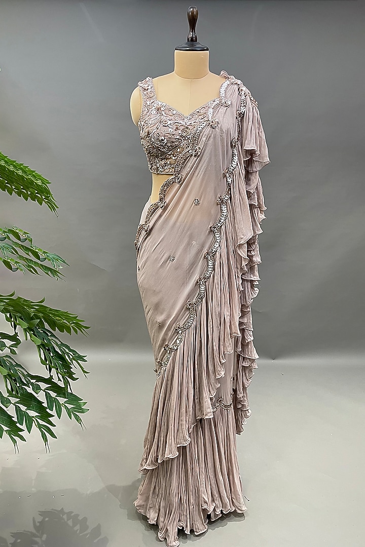 Champagne Georgette Embellished Pre-Draped Wedding Saree Set by Chaashni by Maansi and Ketan at Pernia's Pop Up Shop