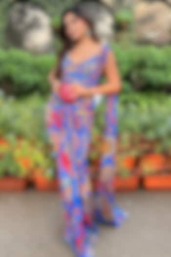 Electric Blue Crepe Featherfall Printed Dhoti Skirt Wedding Saree Set by DiyaRajvvir at Pernia's Pop Up Shop