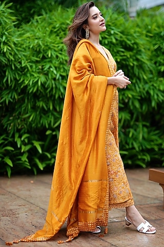 Mustard Floral Printed Kurta Set by Shrutkirti