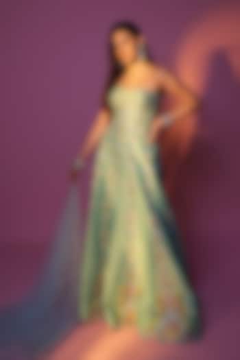 Green & Blue Dupion Silk Embroidered Flared Pant Set by Chamee and Palak at Pernia's Pop Up Shop