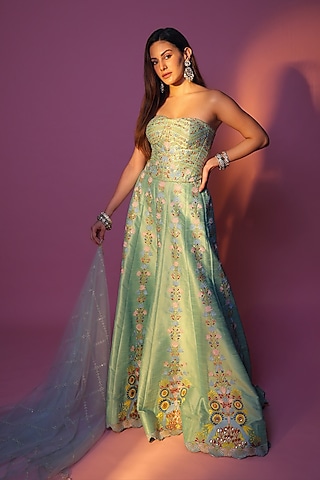 Green & Blue Dupion Silk Embroidered Flared Pant Set by Chamee and Palak