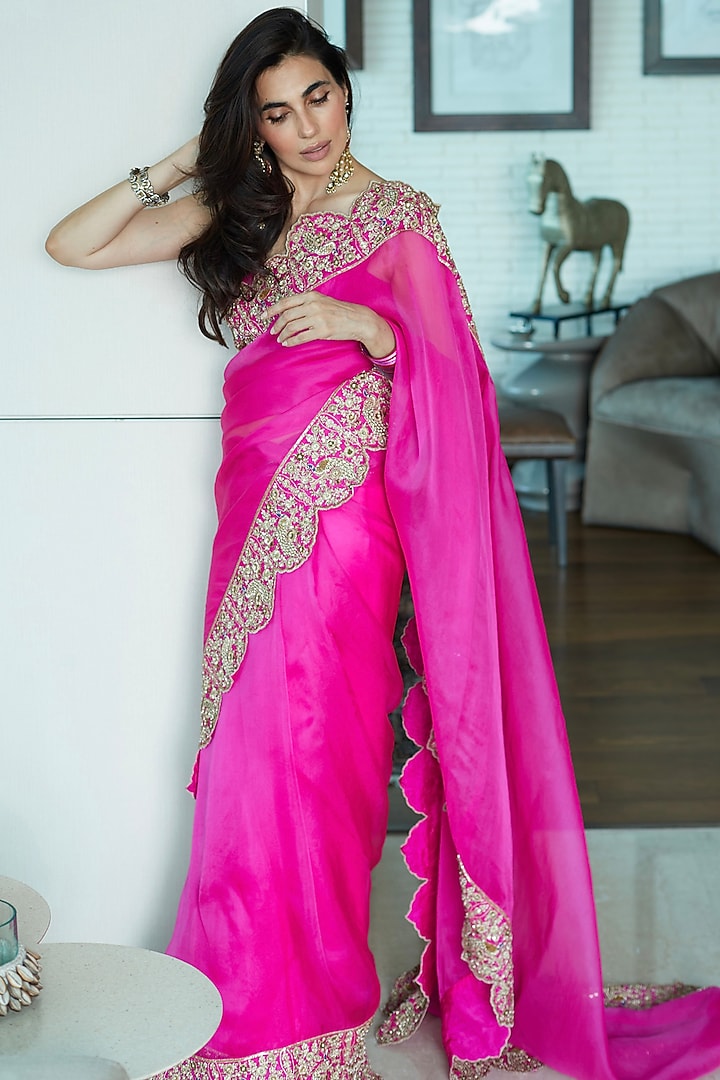 Hot Pink Silk Organza Zardosi Hand Embroidered Bridal Saree Set by Charu Makkar at Pernia's Pop Up Shop
