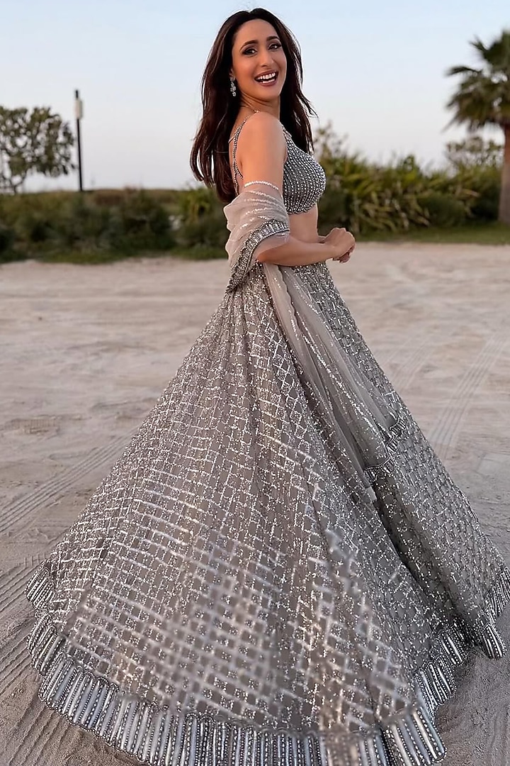 Grey Net Hand Embroidered Bridal Lehenga Set by Vvani By Vani Vats at Pernia's Pop Up Shop