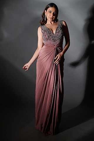 Mesa Rose Pure Crepe Crystal Embroidered Draped Gown by Babita Malkani