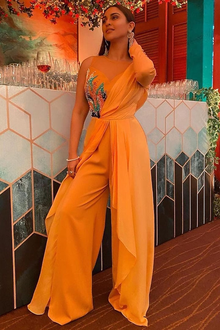 Yellow Draped Jumpsuit by Babita Malkani at Pernia's Pop Up Shop
