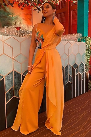 Yellow Draped Jumpsuit by Babita Malkani