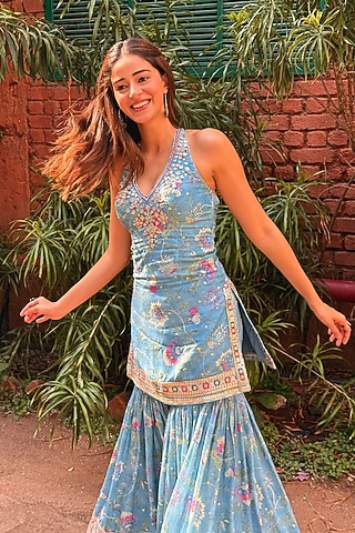 Blue Cotton Silk Mirror Embroidered Sharara Set by GOPI VAID