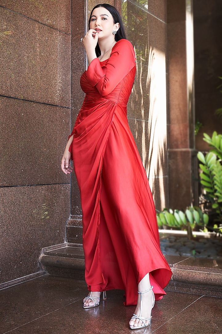 Red Modal Satin Maxi Dress by Aroka