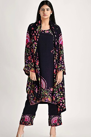 Deep Purple Crepe Printed Kurta Set by URFAA by Urshia Fatima