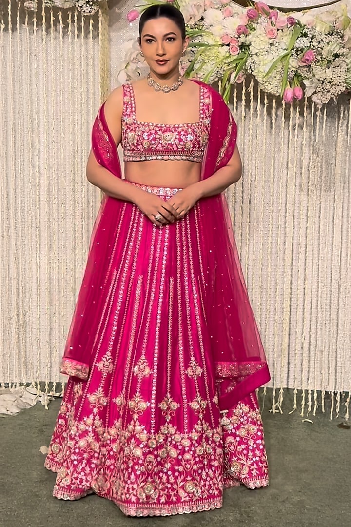 Pink Raw Silk Zardosi & Sequins Embroidered Bridal Lehenga Set by Chamee and Palak at Pernia's Pop Up Shop