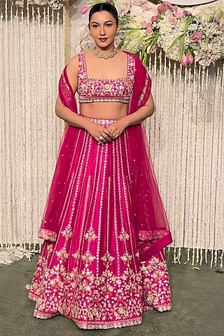 Pink Raw Silk Zardosi & Sequins Embroidered Lehenga Set by Chamee and Palak