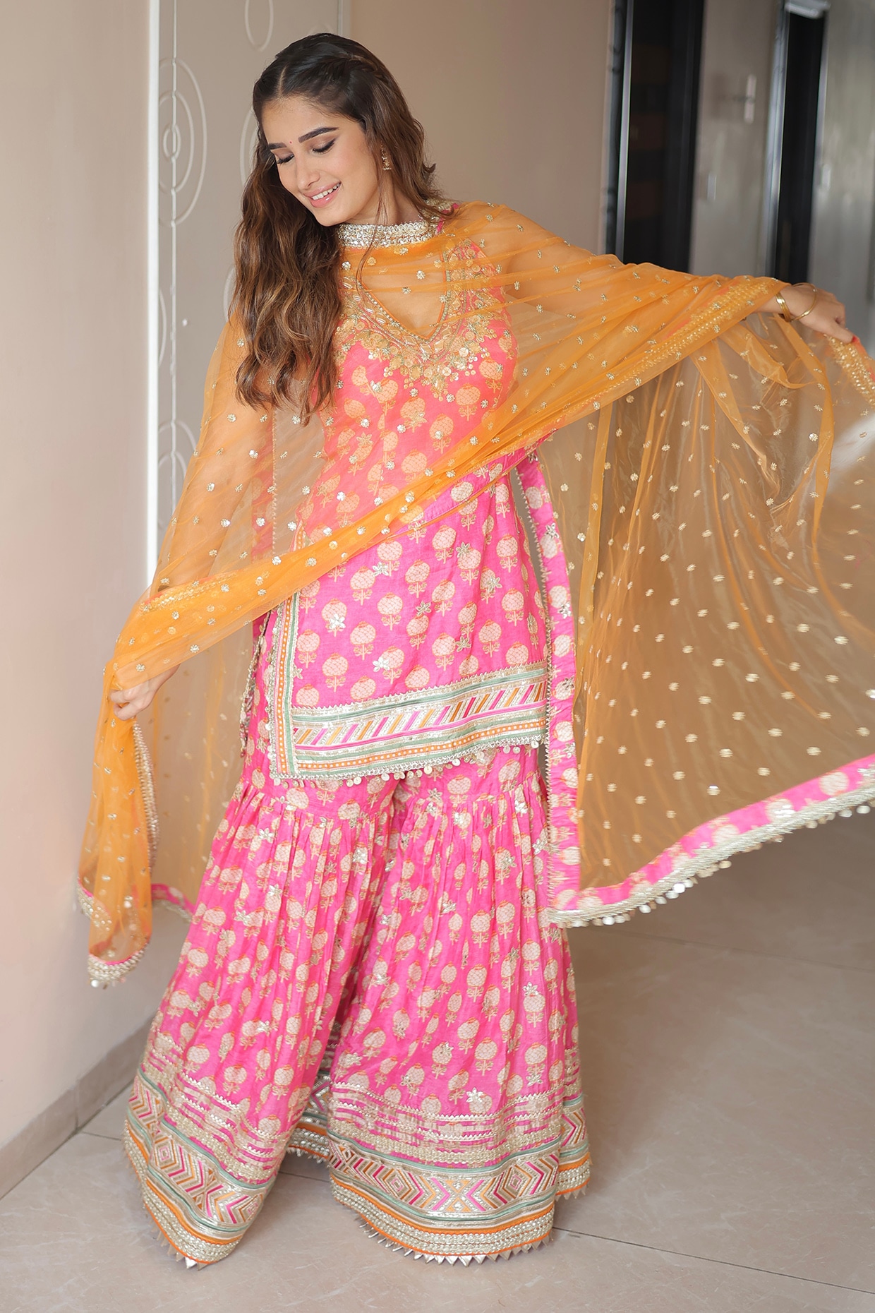 GOPI VAID Pink Cotton Silk Boota Printed Sharara Set