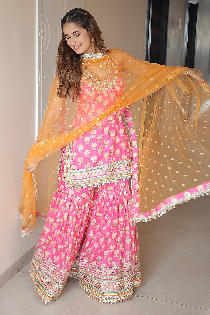 Pink Cotton Silk Boota Printed Wedding Sharara Set by GOPI VAID at Pernia's Pop Up Shop
