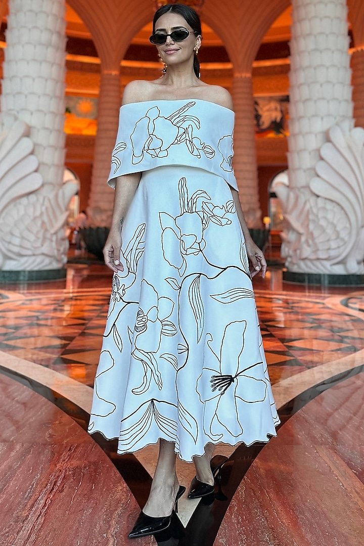 White Neoprene Floral Embroidered Cocktail Dress With Wrap by OZEQO at Pernia's Pop Up Shop