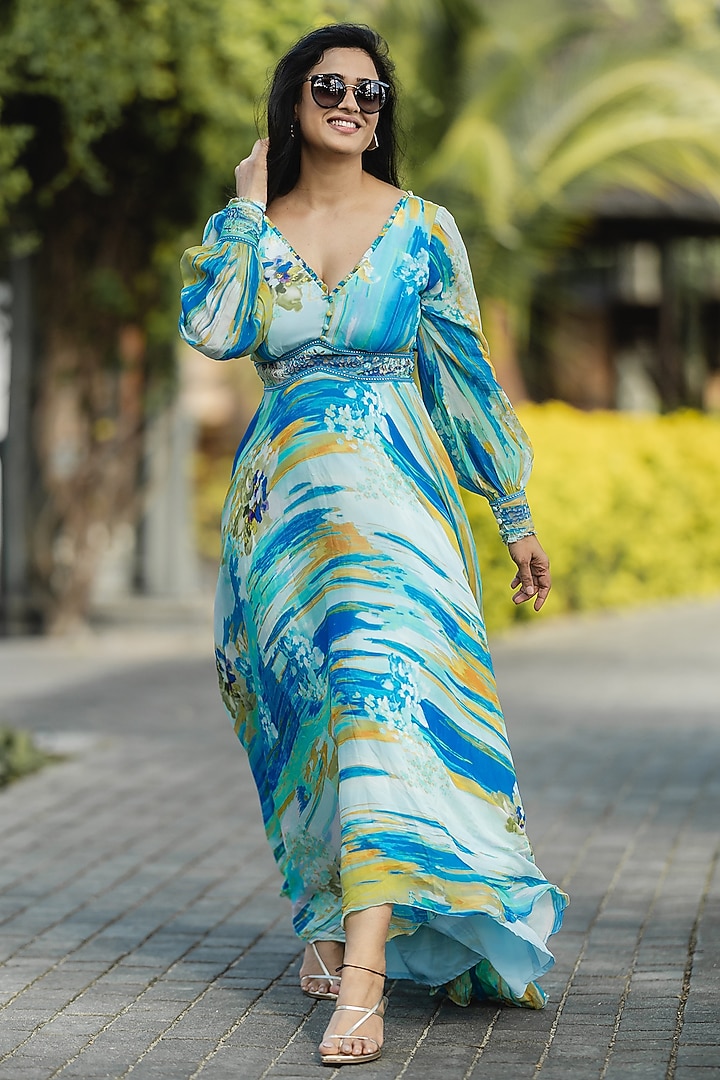 Blue Chiffon Printed Flared Maxi Vacation Dress by Mandira Wirk - Resort at Pernia's Pop Up Shop