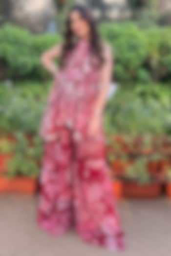 Scarlet Red Crepe Coral Veil Printed Bell-Bottom Pant Set by DiyaRajvvir at Pernia's Pop Up Shop