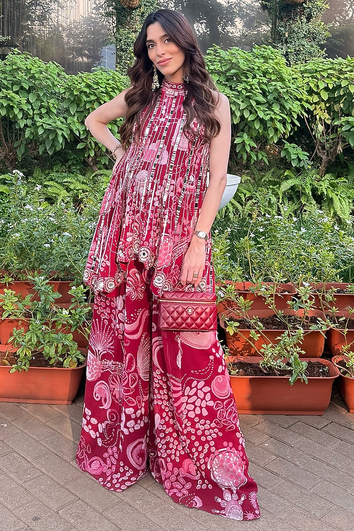 Scarlet Red Crepe Coral Veil Printed Bell-Bottom Pant Set by DiyaRajvvir at Pernia's Pop Up Shop