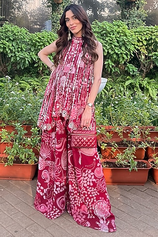Scarlet Red Crepe Coral Veil Printed Bell-Bottom Pant Set by DiyaRajvvir
